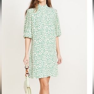 Ganni | Crepe Mini Dress | Cream w/ Green Script that spells “Ganni” | E…